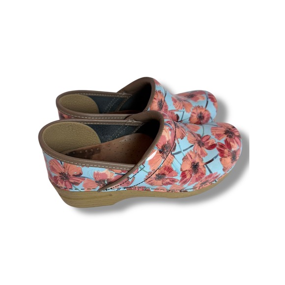 Dansko Floral Leather Clogs Women's Size 8 39 Blue Orange Flowers Shoes - Picture 8 of 14
